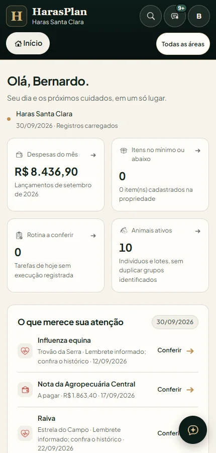 Painel inicial do HarasPlan em um celular
